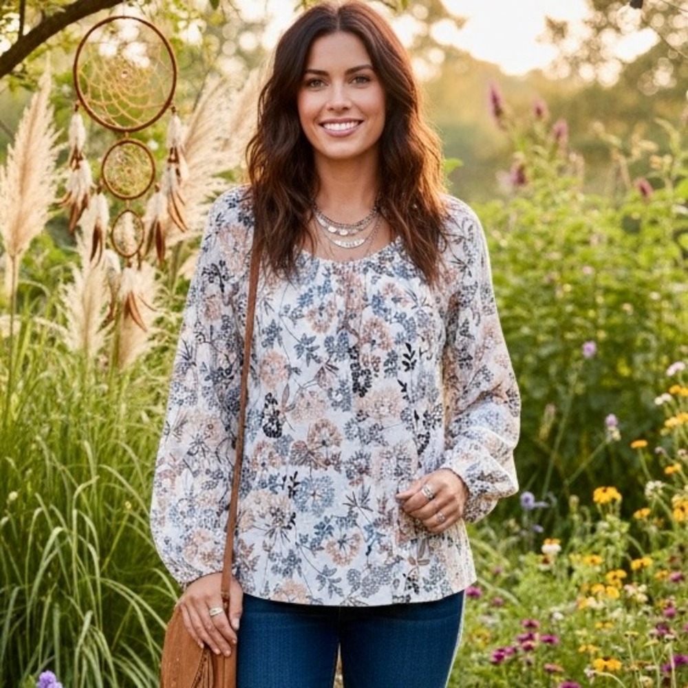 ANA A New Approach Womens Plus Size 0X Floral Print Long Sleeve Blouse Top Boho